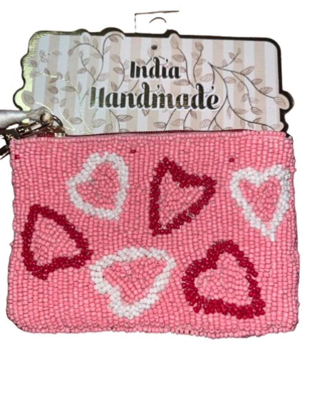 NWT India Handmade Pink Beaded Heart Tassel Zipper Coin Pouch